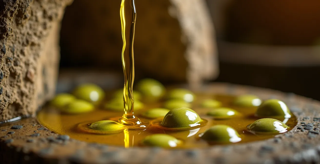 Detalle macro de aceitunas y aceite dorado en almazara tradicional