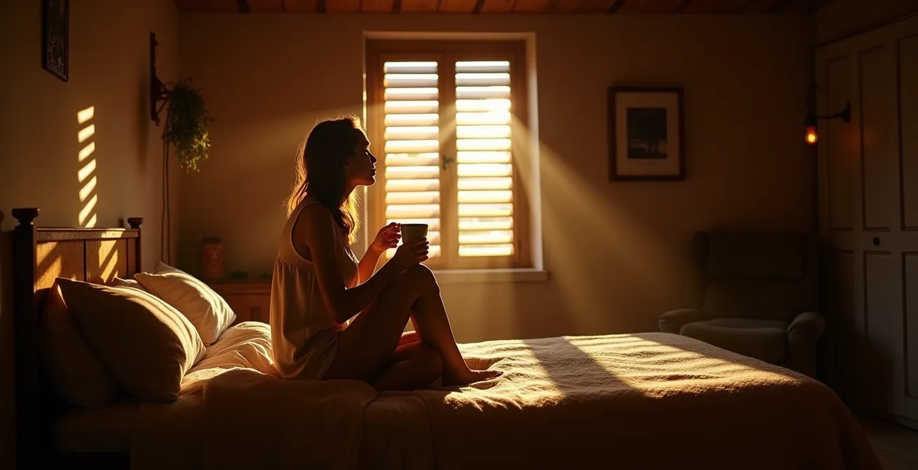 Habitación rústica al amanecer con luz natural entrando por una ventana de madera