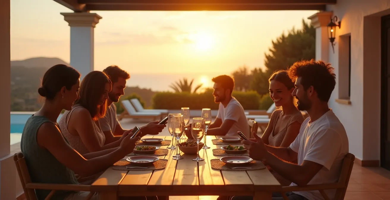 Grupo de amigos en terraza de villa española revisando gastos compartidos en sus móviles al atardecer