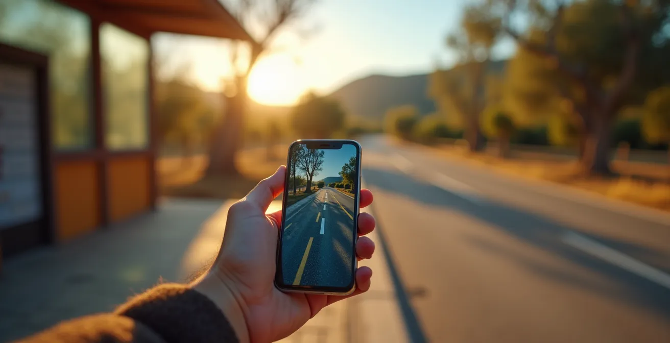 Mano sosteniendo smartphone mostrando mapa borroso mientras al fondo se ve una parada de autobús rural española