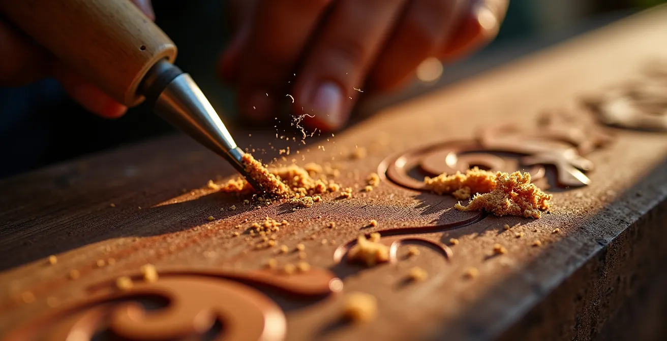 Manos de artesano trabajando madera de caoba con herramientas tradicionales