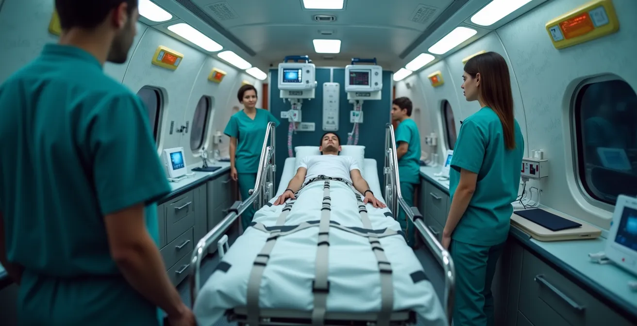 Interior de avión ambulancia con camilla y equipamiento médico de UCI preparado para vuelo transatlántico