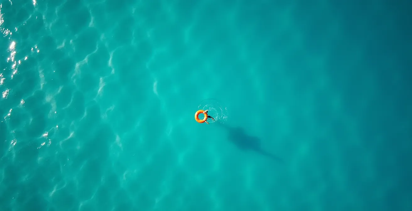 Nadador con boya naranja fluorescente en aguas cristalinas mediterráneas