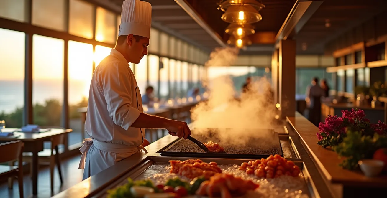 Chef preparando comida en la estación de show cooking de un buffet de hotel con plancha