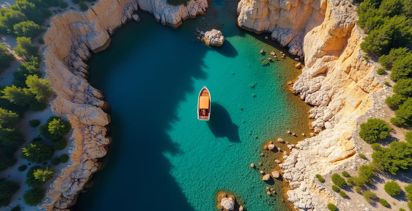 Vista aérea de una cala mediterránea accesible solo por mar con aguas cristalinas