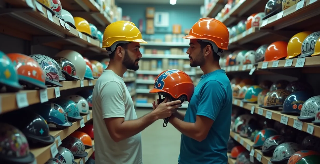Turista español comparando cascos de moto en tienda local de República Dominicana