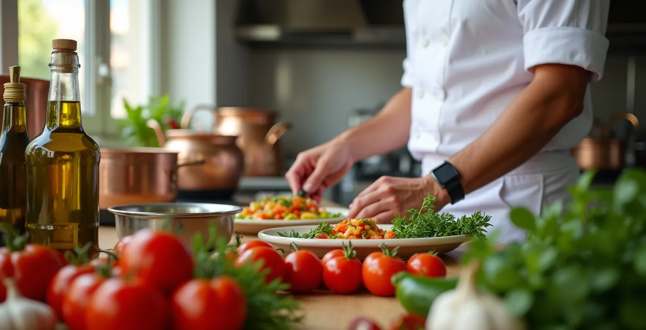 Chef local preparando platos con productos frescos de proximidad en cocina profesional de hotel sostenible
