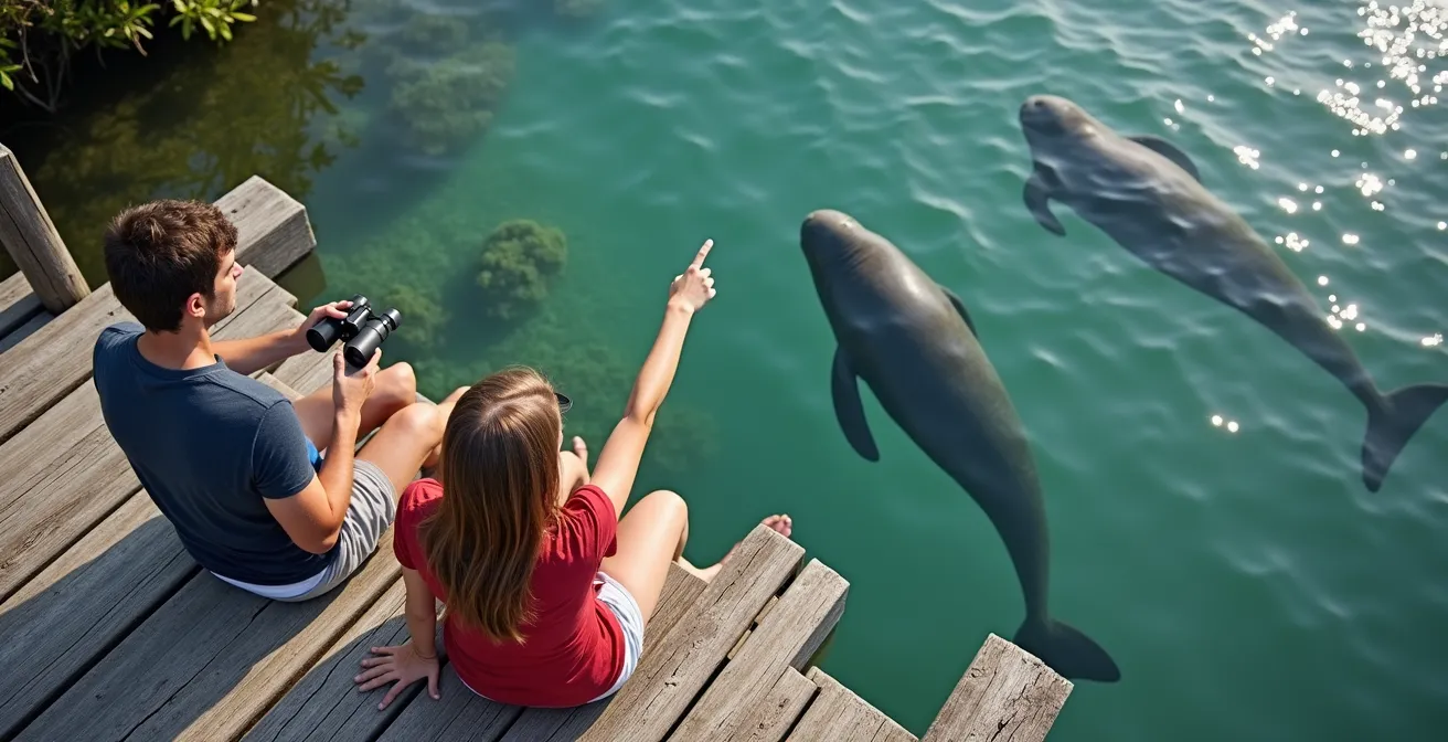 Vista aérea de un grupo familiar de manatíes desde un mirador elevado con visitantes observando en silencio