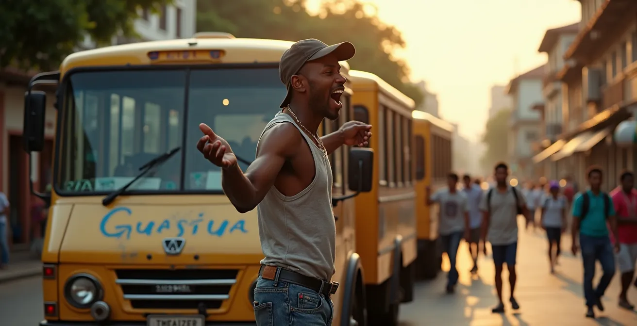 Cobrador de guagua dominicana gritando rutas en una parada improvisada