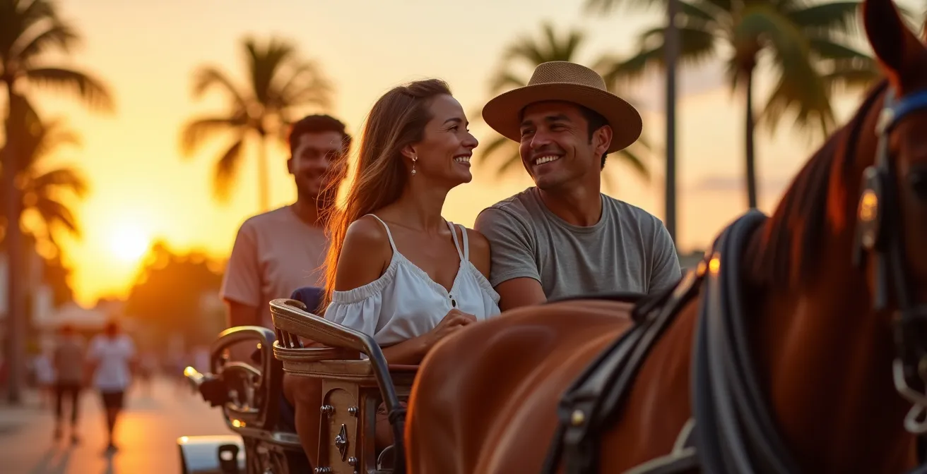 Coche de caballos tradicional con pareja de turistas en el Malecón de Santo Domingo al atardecer