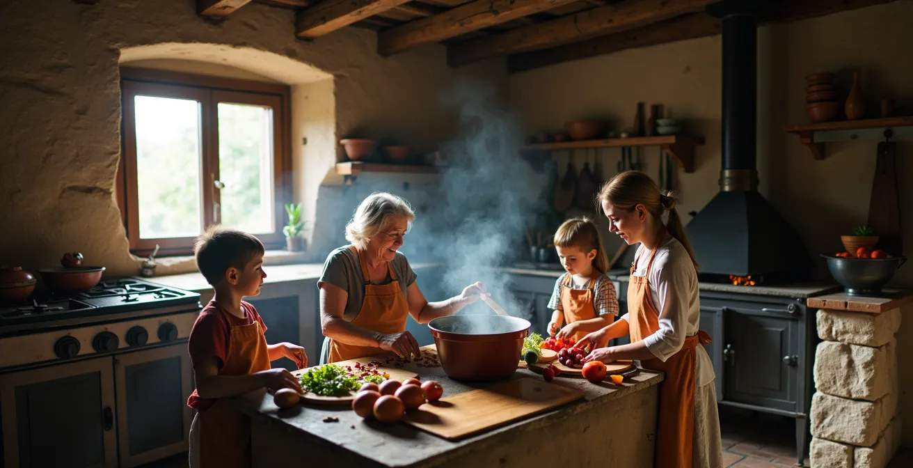 Vista amplia de cocina rural con fogón de leña y familia preparando comida tradicional