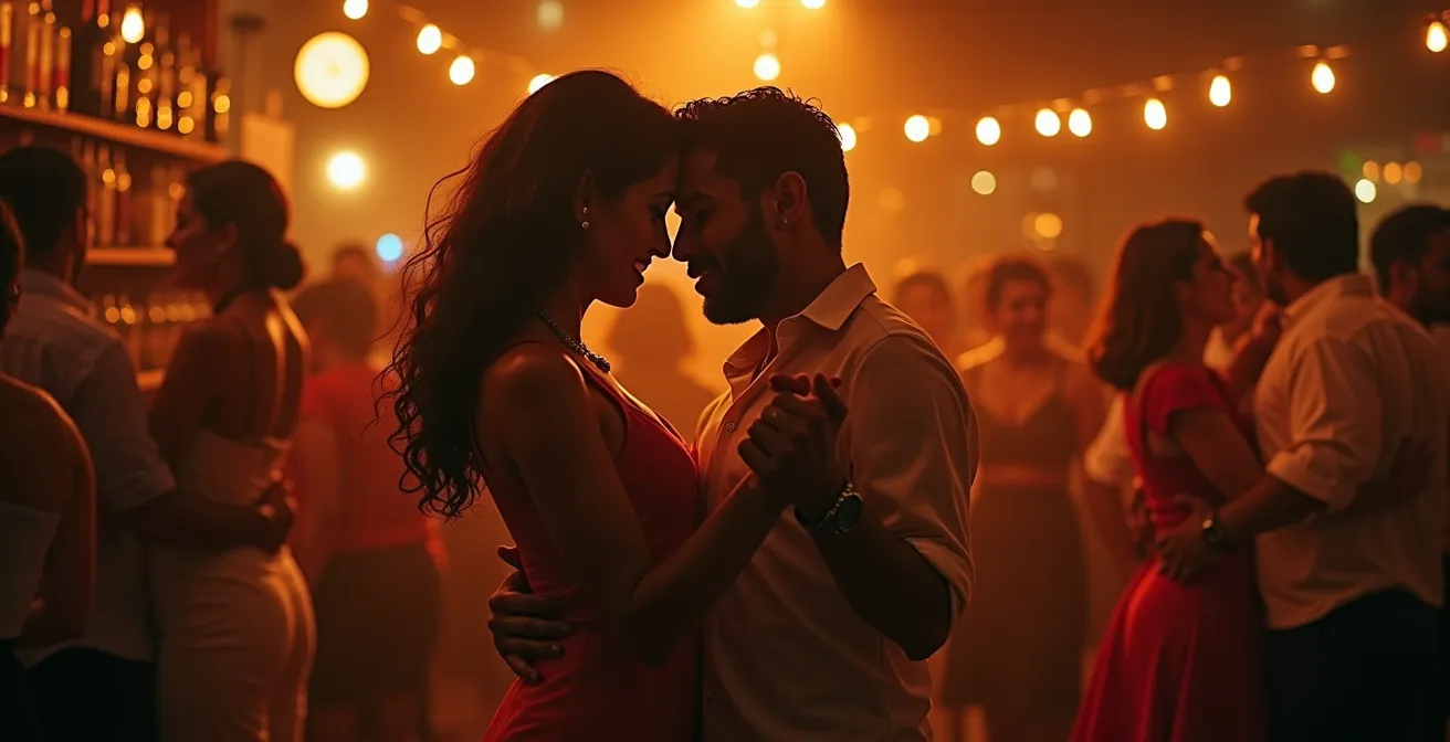 Interior de un colmado dominicano con parejas bailando bachata bajo luces cálidas