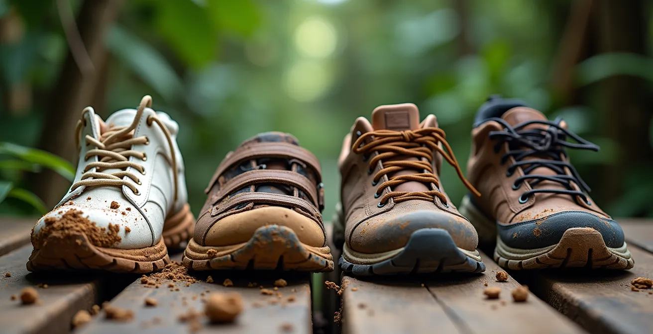 Comparación de diferentes tipos de calzado cubiertos de barro tras el sendero a El Limón