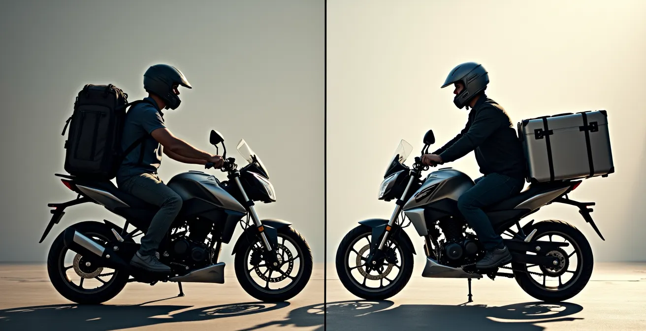 Comparación visual de formas correctas e incorrectas de llevar equipaje en motoconcho
