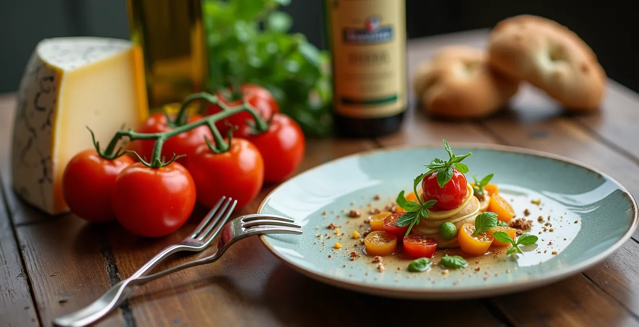 Mesa dividida mostrando productos frescos de mercado local a un lado y un plato de alta cocina al otro