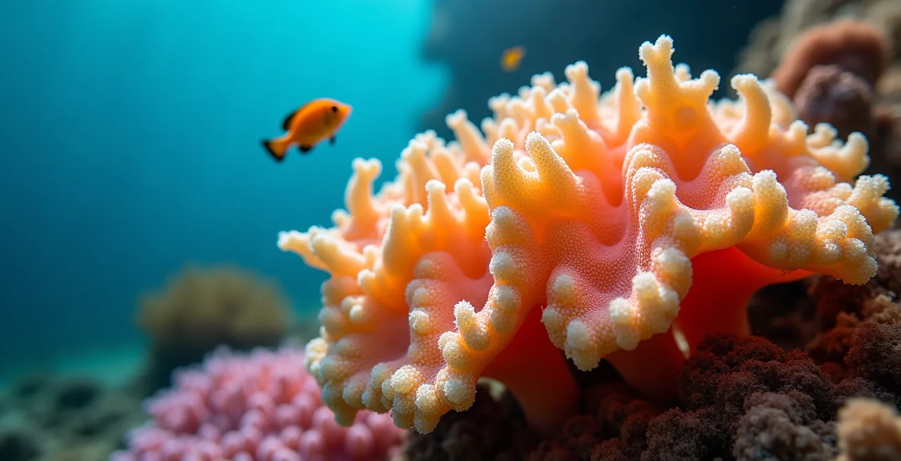 Detalle macro de coral vivo bajo el agua cristalina mostrando su textura y colores naturales