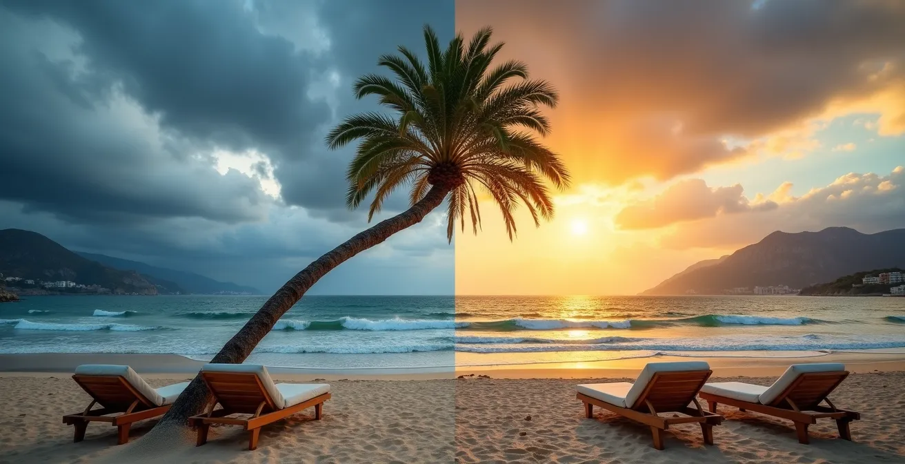 Vista de la costa mediterránea española en septiembre con nubes dispersas y mar en calma