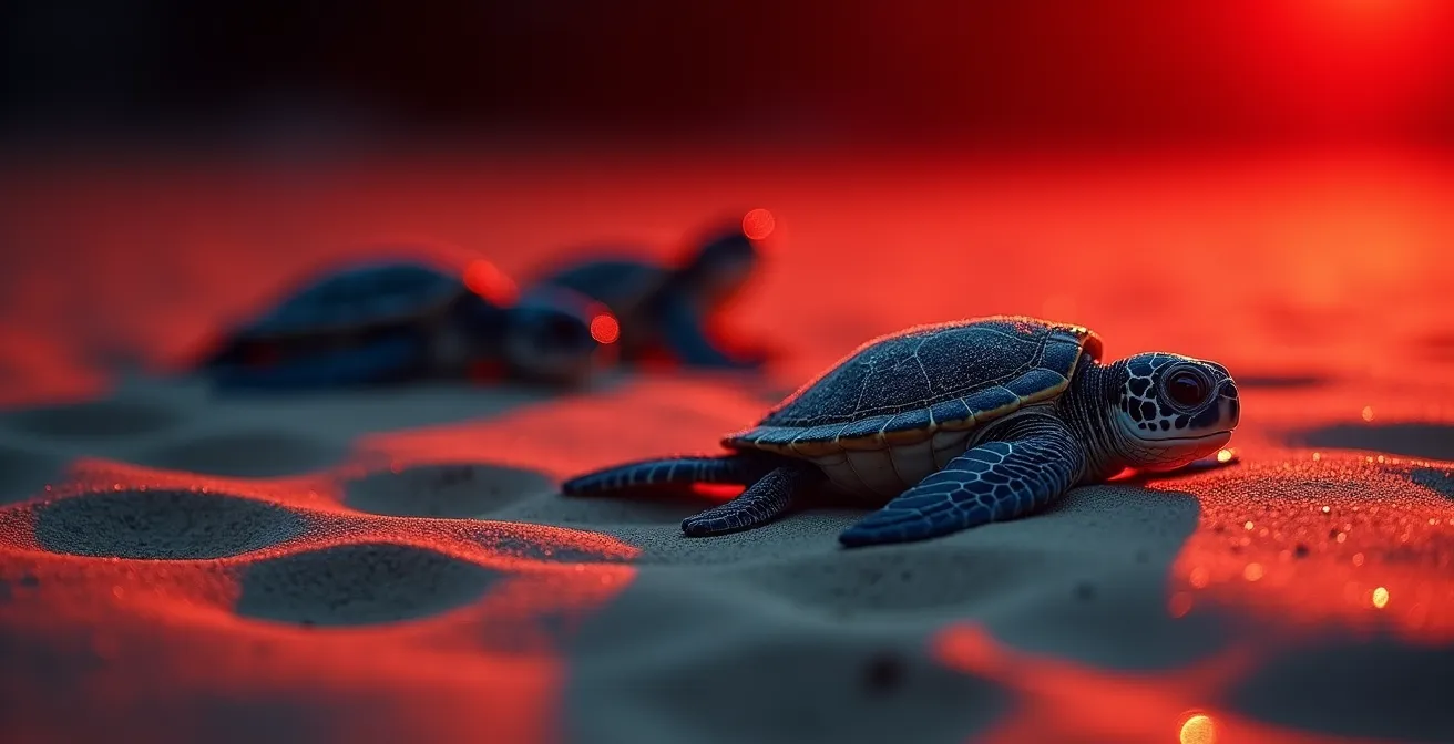 Vista macro de crías de tortuga en la arena iluminadas suavemente por luz roja