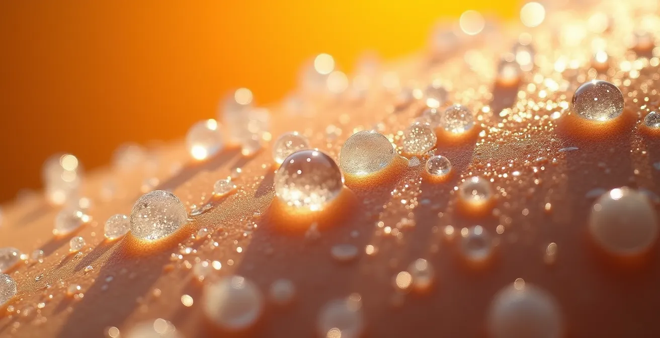Detalle macro de gotas de sudor sobre piel bronceada bajo el sol mediterráneo