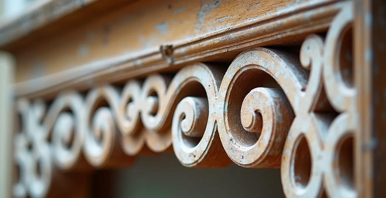 Detalle macro de calado de madera victoriana mostrando trabajo artesanal