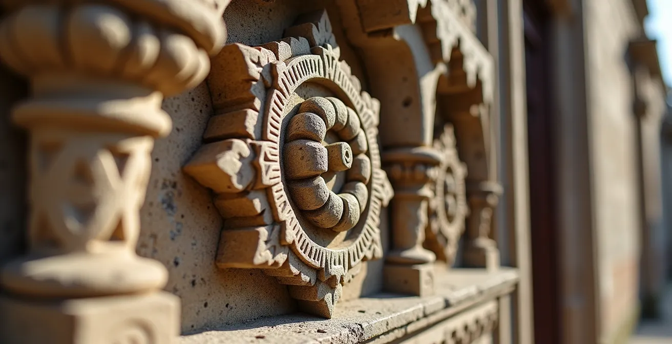 Detalle macro de ornamentación plateresca en piedra colonial con juego de luces y sombras