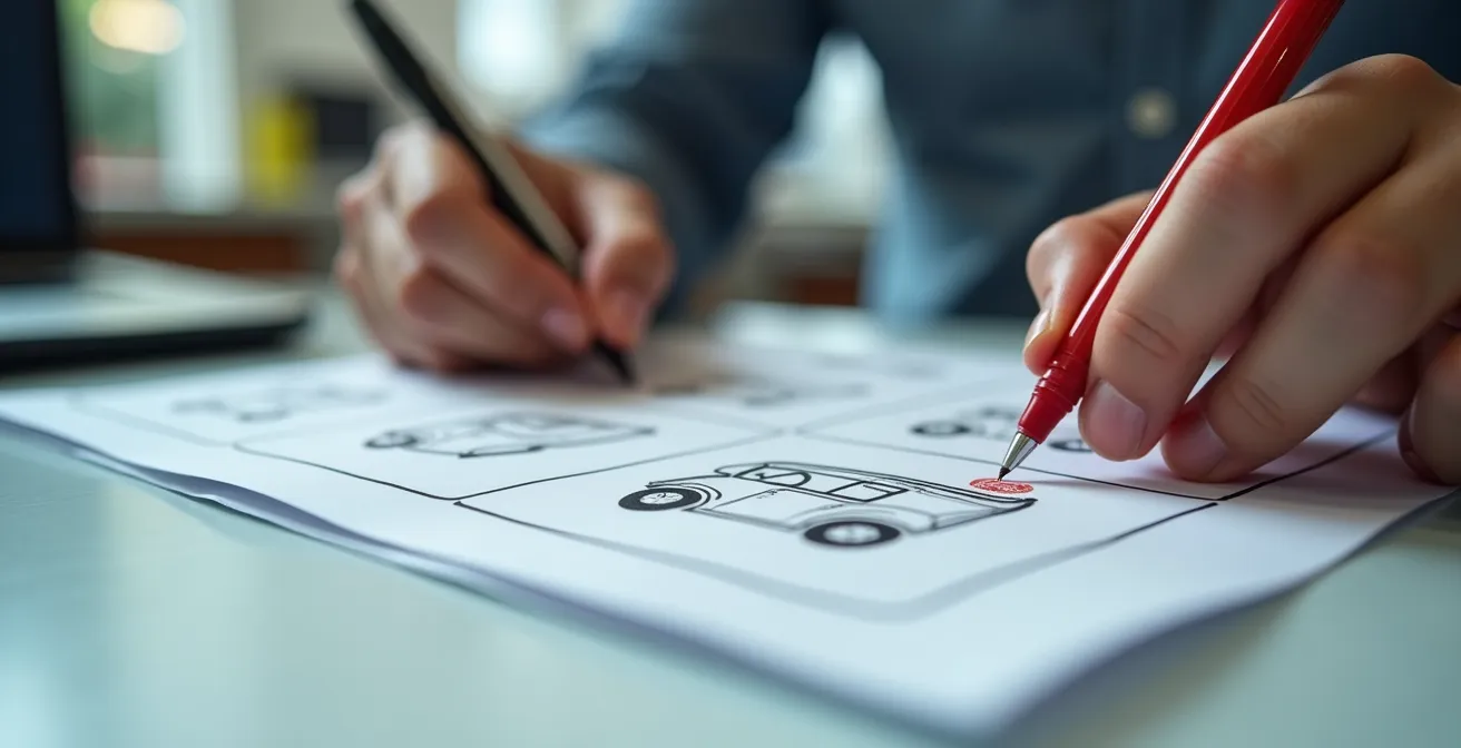 Primer plano de manos marcando daños en una plantilla de inspección de vehículo con bolígrafo rojo