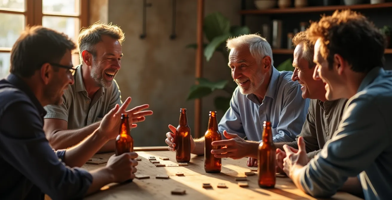 Grupo de dominicanos jugando dominó en las mesas de un colmado con cervezas frías