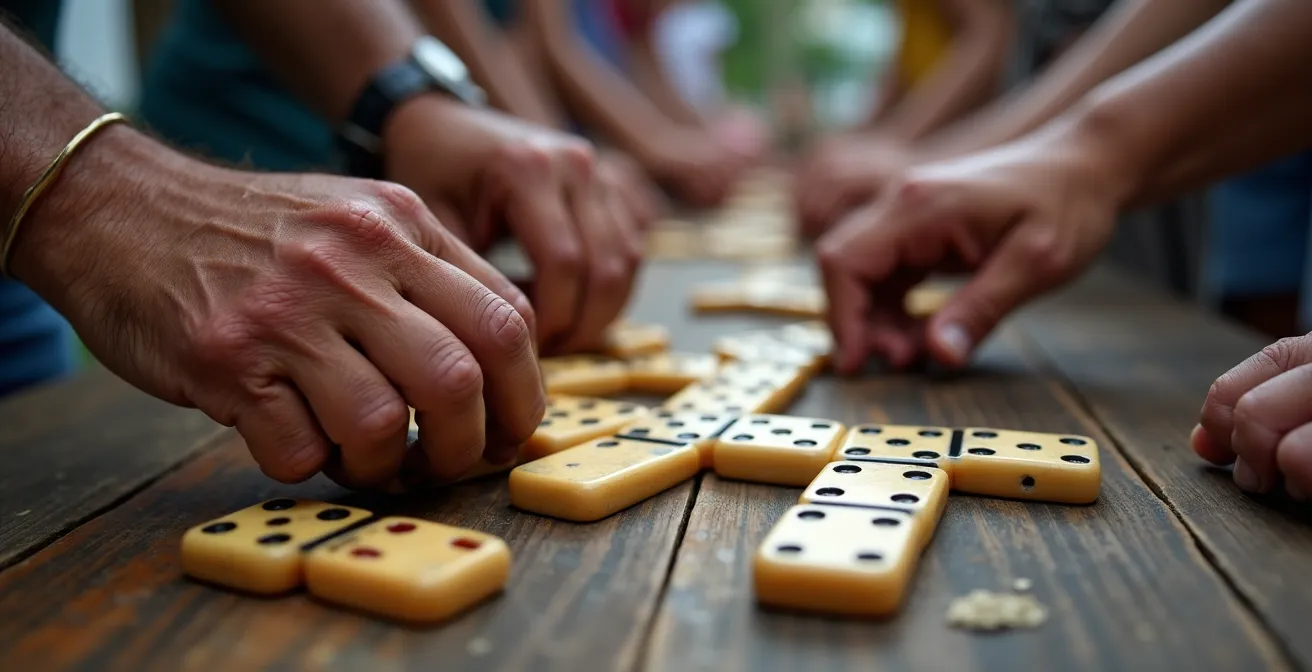 Jugadores de dominó en una mesa callejera bajo la sombra de un árbol en un barrio dominicano