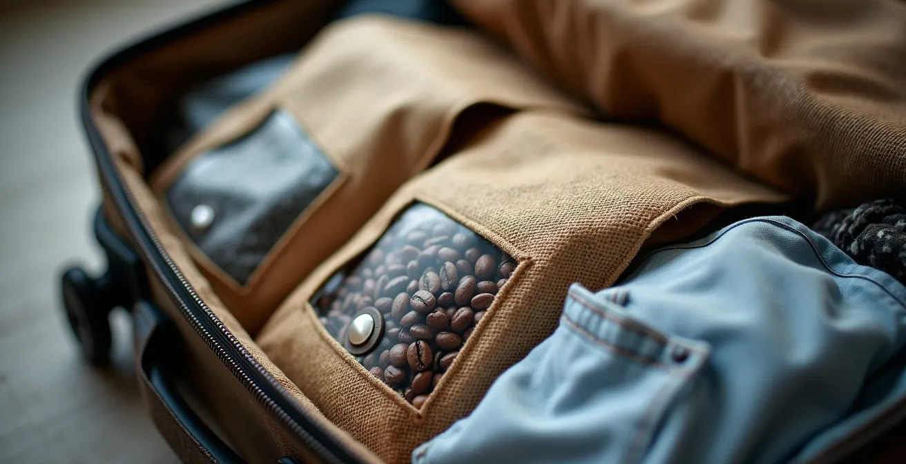 Maleta abierta mostrando paquetes de café en grano bien organizados para viajar