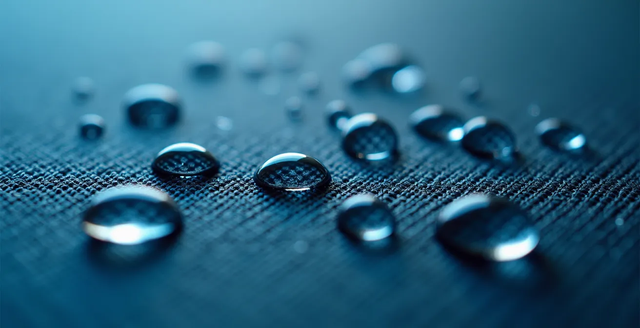 Detalle macro de tejido técnico transpirable con gotas de agua