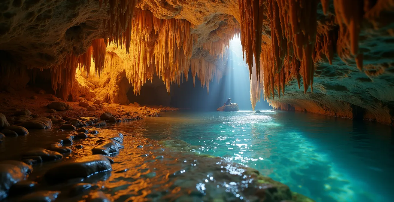 Interior de cueva dominicana mostrando estalactitas y estalagmitas iluminadas
