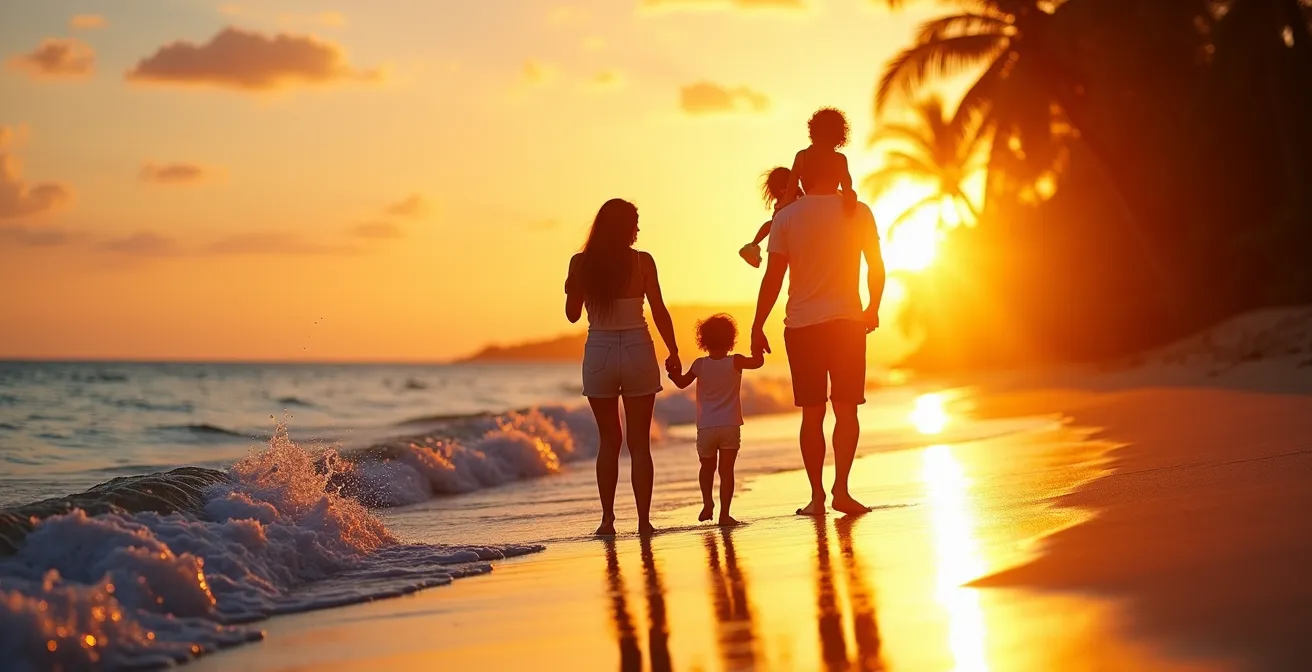 Siluetas de familia con niños pequeños caminando por la orilla al atardecer en playa caribeña