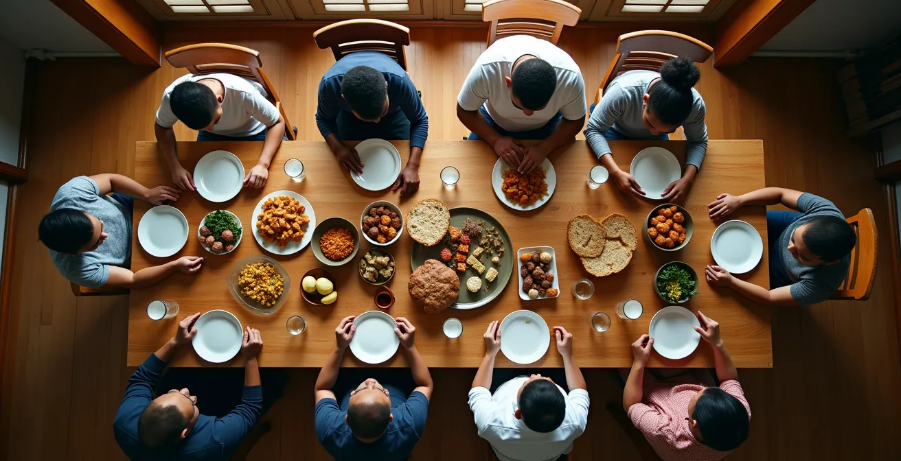 Familia dominicana en momento de recogimiento antes de la comida