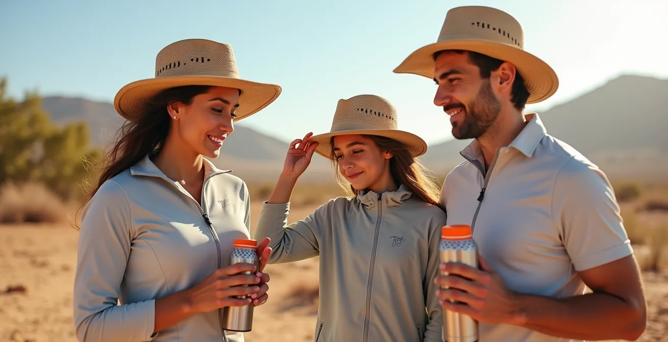 Familia con ropa técnica UV y cantimploras preparándose para el calor extremo del Lago Enriquillo