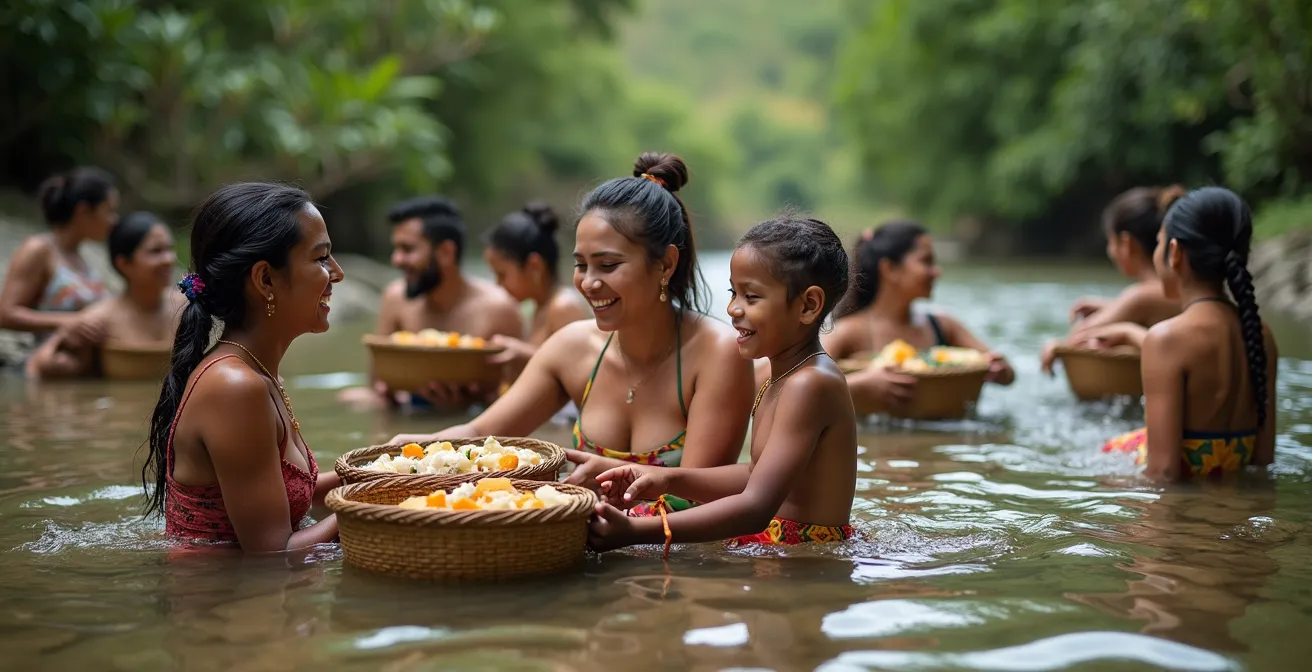 Familias dominicanas disfrutando de un domingo tradicional en el río con música y comida típica bajo la sombra de árboles tropicales
