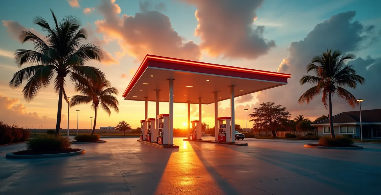 Vista panorámica de una gasolinera moderna al atardecer con palmeras tropicales