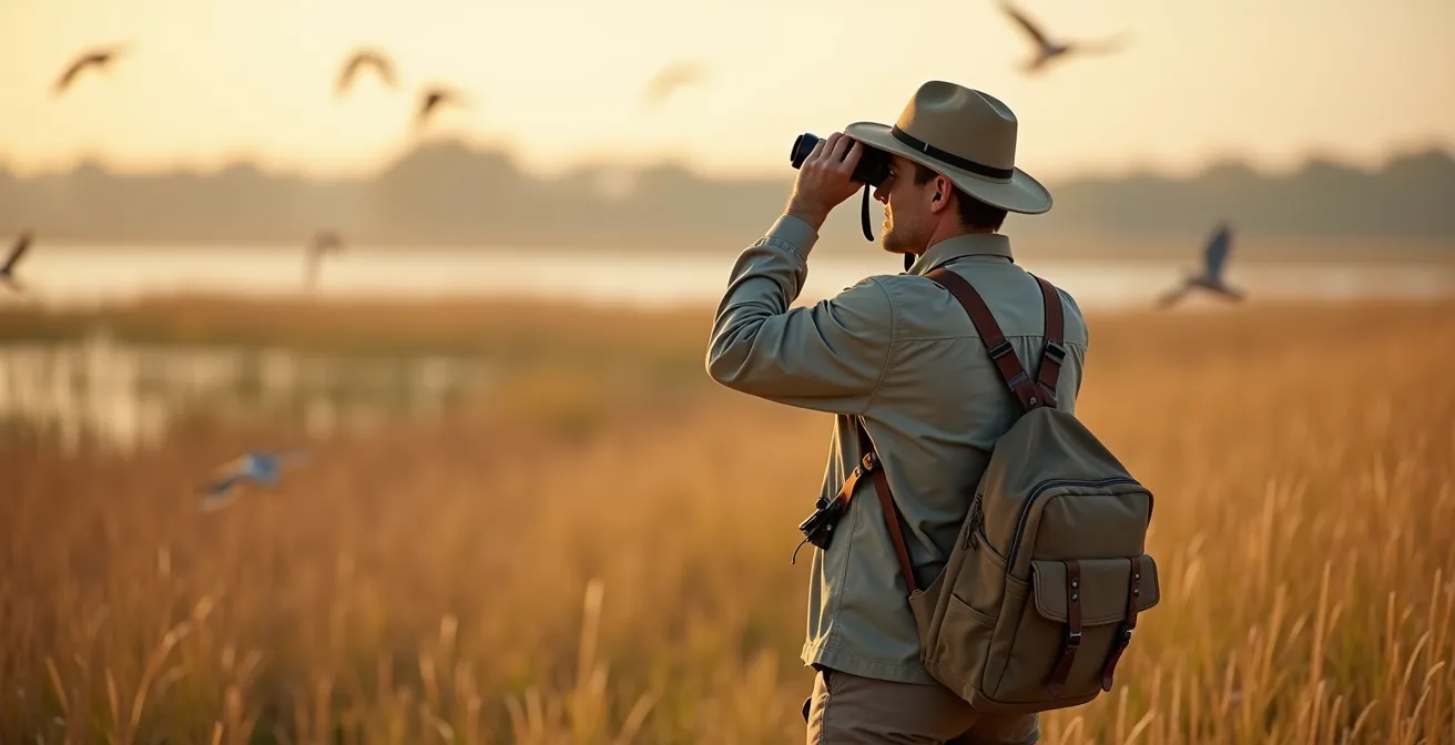 Guía naturalista observando fauna con prismáticos en Doñana