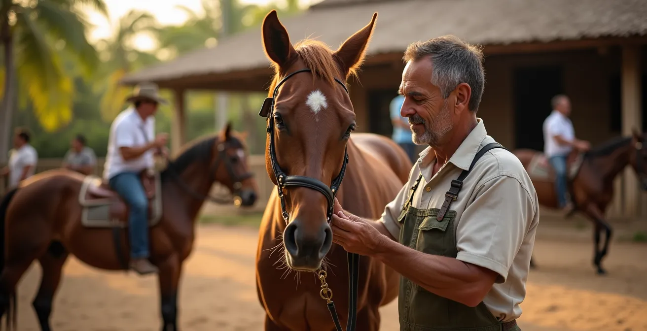 Guías locales dominicanos con caballos bien cuidados en la parada oficial de El Limón