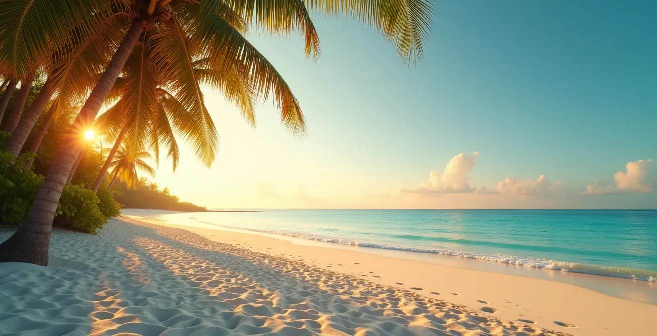 Hora dorada en playa caribeña con palmeras y luz lateral