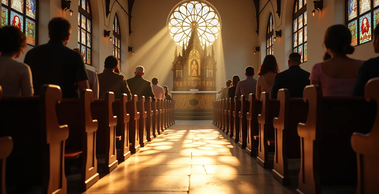 Interior de iglesia colonial barroca con luz natural filtrada por vitrales creando atmósfera contemplativa