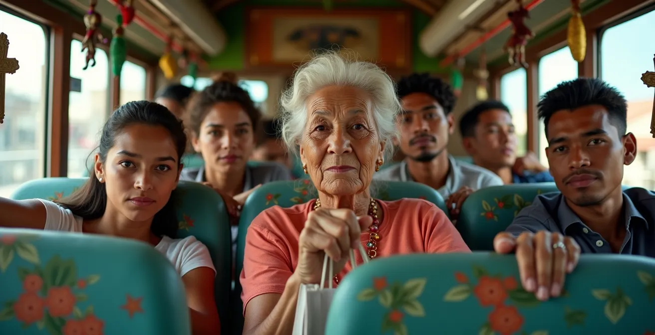 Interior abarrotado de una guagua con pasajeros dominicanos compartiendo el espacio de forma natural