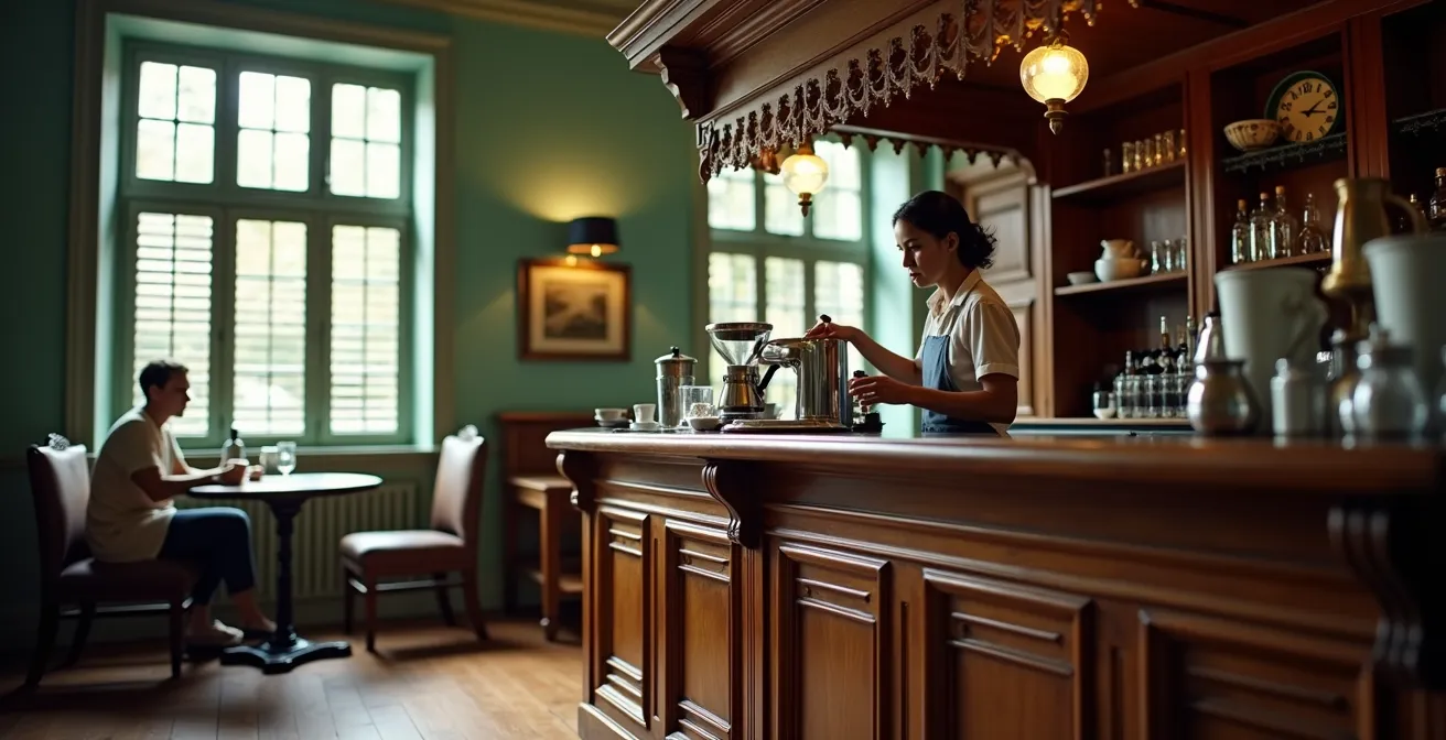 Interior de mansión victoriana convertida en café con detalles de madera original