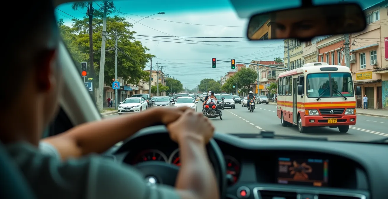 Intersección urbana dominicana con múltiples vehículos y motos cruzando simultáneamente