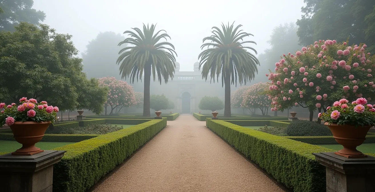 Jardín centenario con camelias y palmeras en un pazo gallego