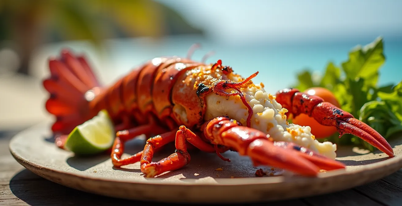 Detalle macro de langosta caribeña a la parrilla mostrando textura y color vibrante