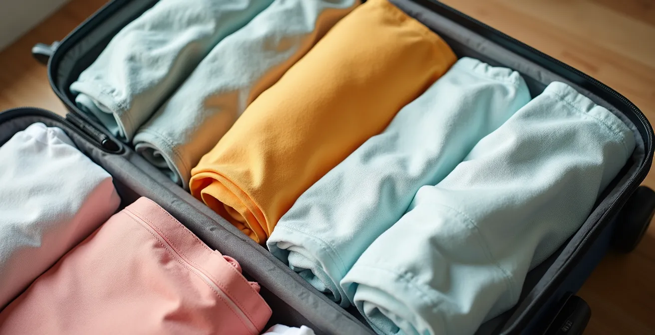 Maleta de mano abierta con ropa tropical perfectamente organizada