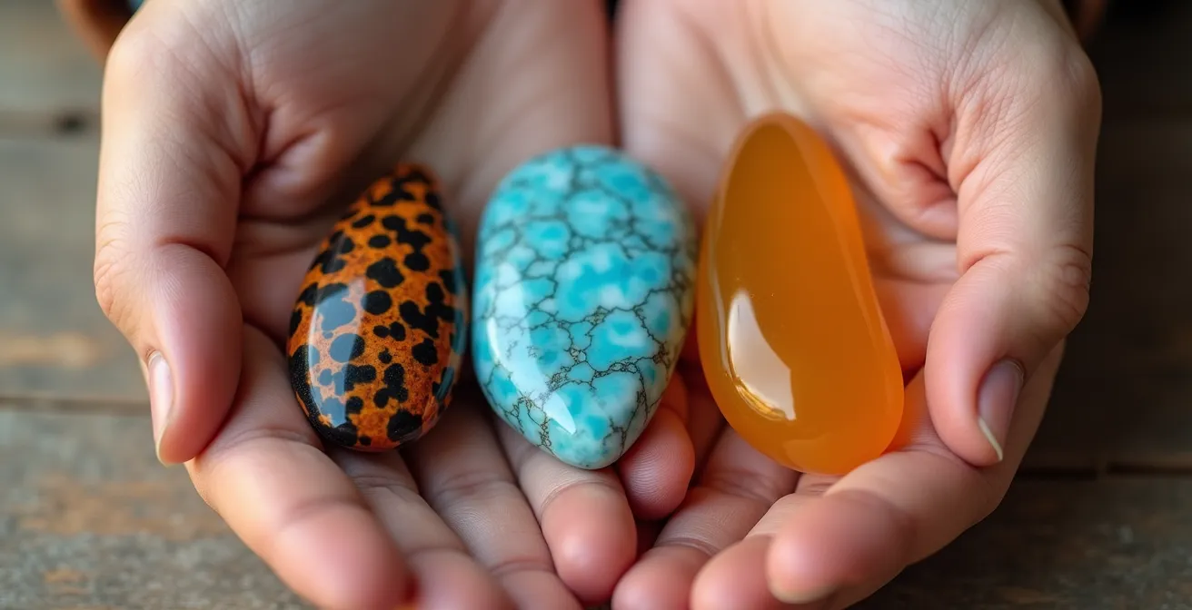 Manos comparando artesanía de carey real con imitación y larimar dominicano como alternativa ética