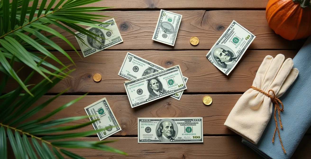 Ilustración de billetes de dólares estadounidenses organizados estratégicamente junto a diferentes áreas del resort