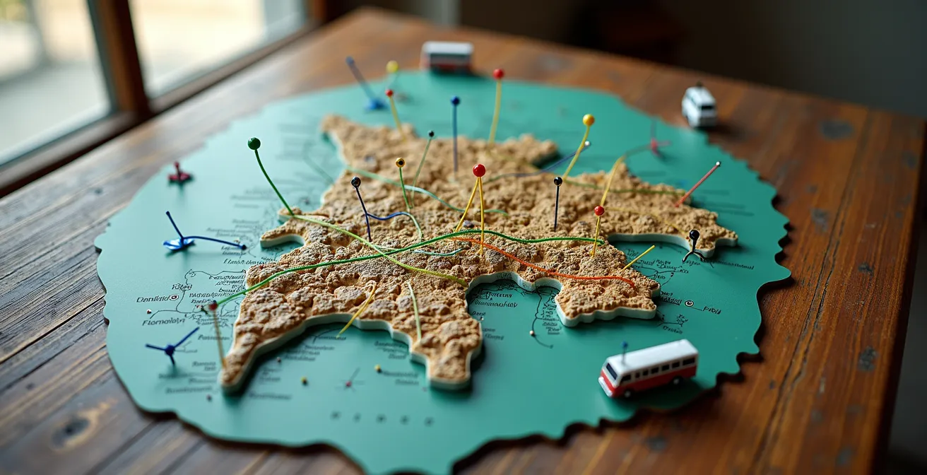 Mapa visual estratégico mostrando las principales rutas de autobús con líneas de colores sobre el territorio dominicano