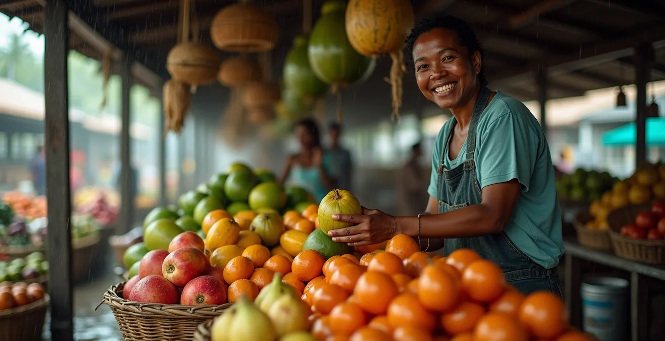 Mercado cubierto local en Samaná con productos tropicales y artesanías